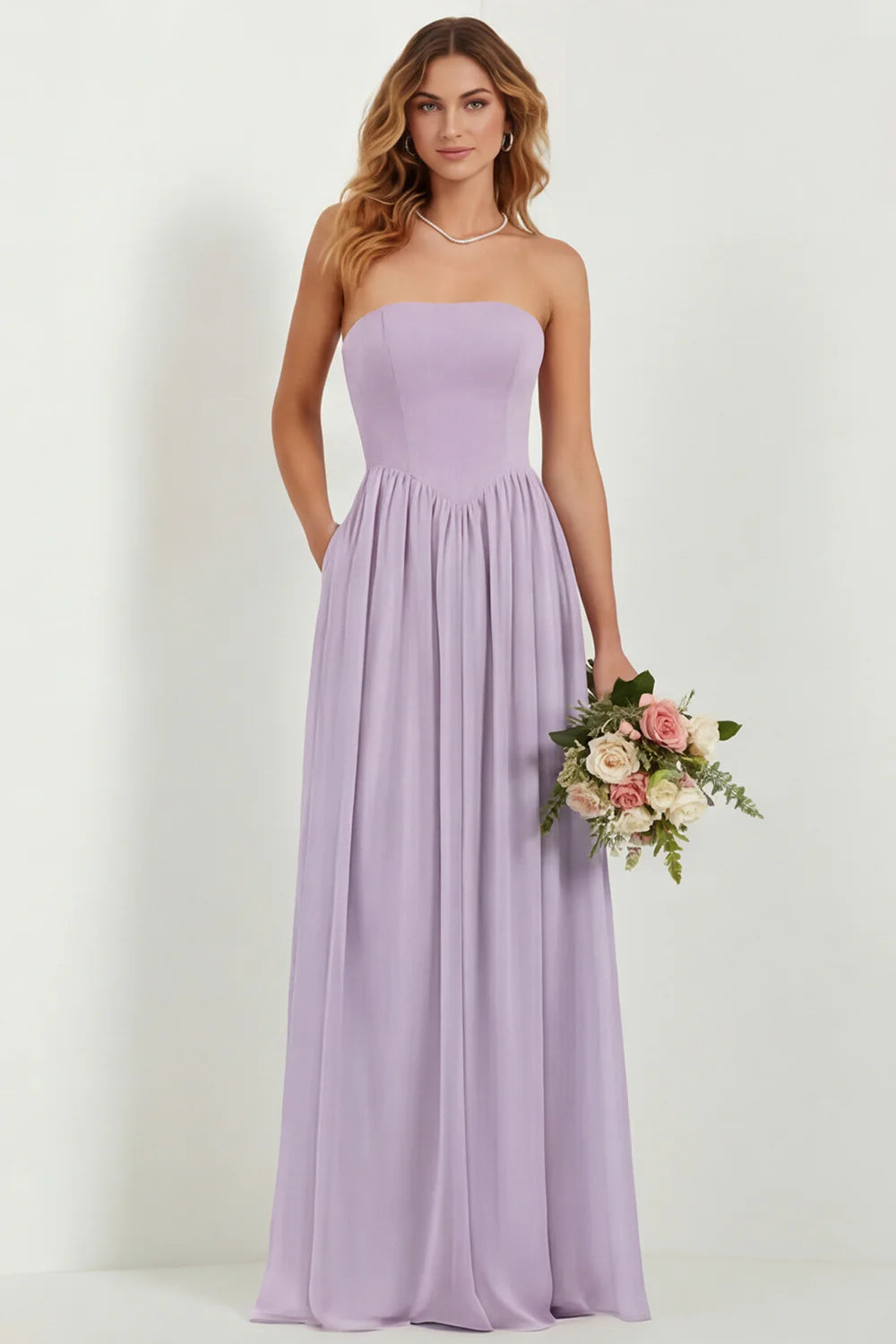 Strapless Eucalyptus Chiffon A Line Long Bridesmaid Dress with Pockets