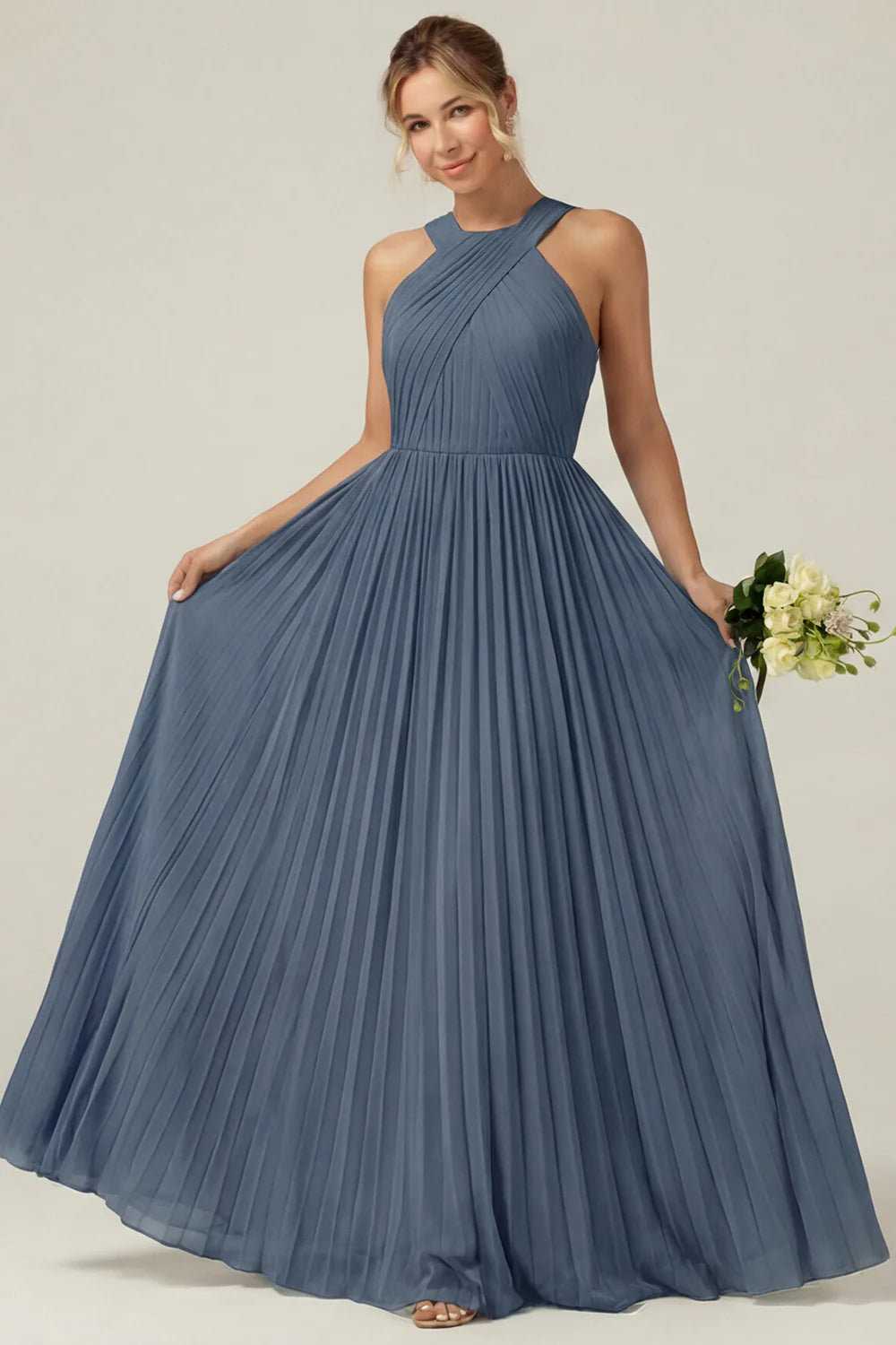 Dusty Sage A Line Halter Pleated Long Bridesmaid Dress