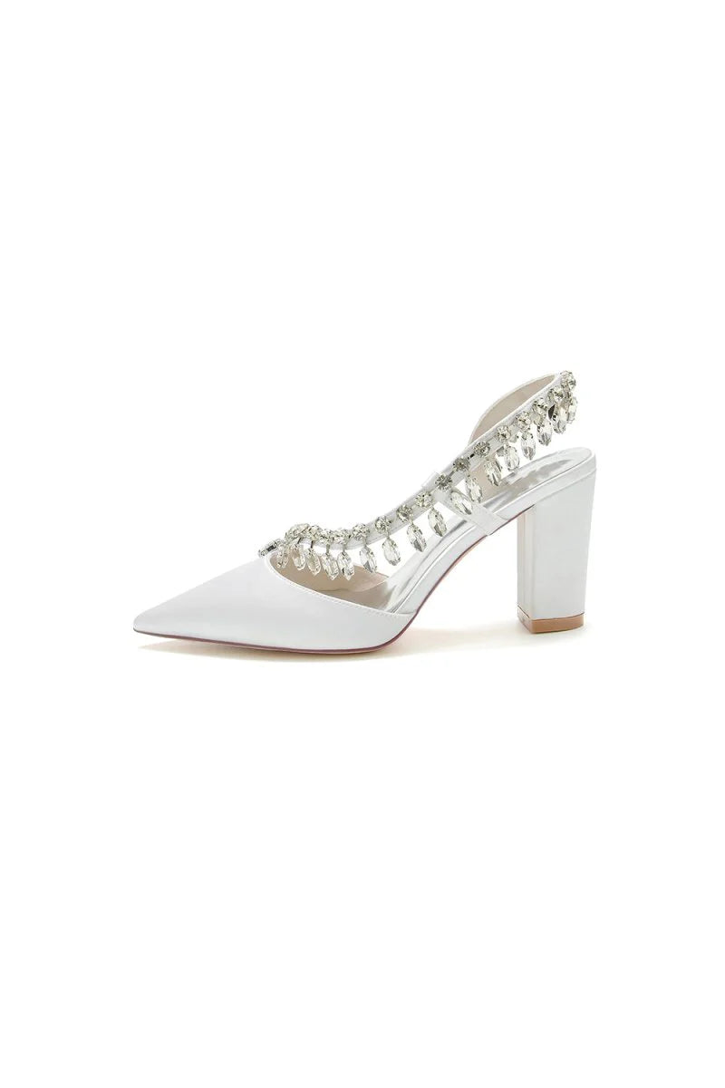 Pointed Toe Beaded Slip on Satin Chunky Heels