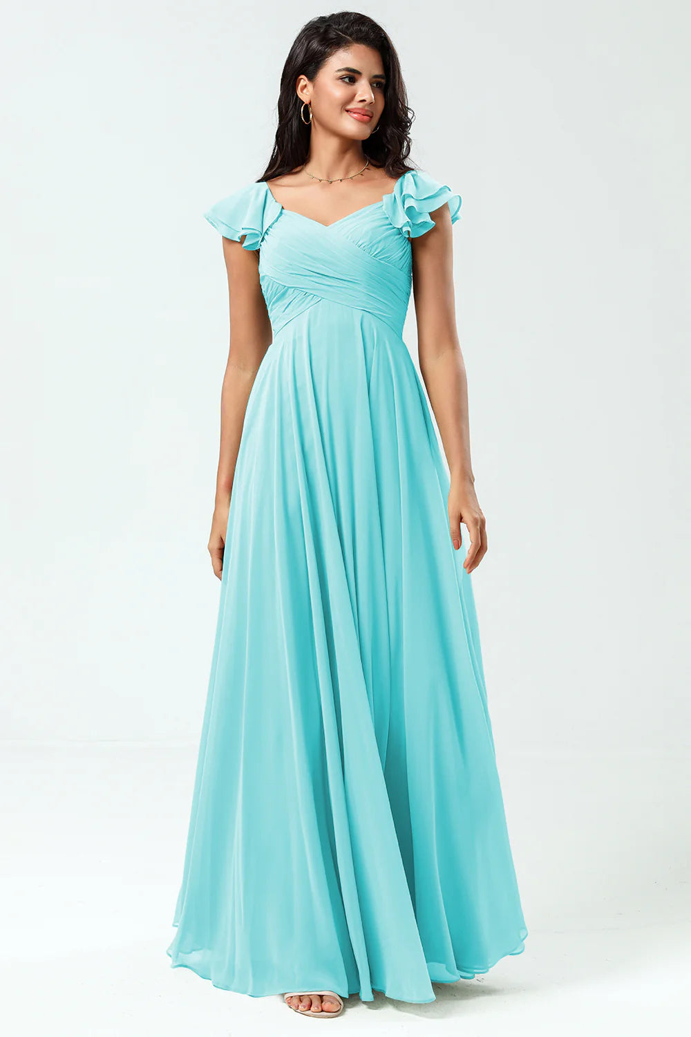 Lace Up Back Cross A Line Chiffon Bridesmaid Dress with Ruffles