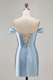Grey Blue Bodycon Off The Shoulder Ruched Satin Homecoming Dress with Slit