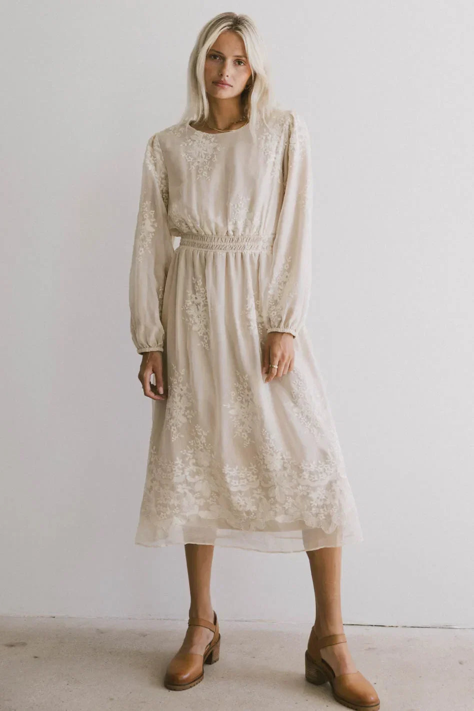 Andee Embroidered Midi Dress in Champagne FINAL SALE