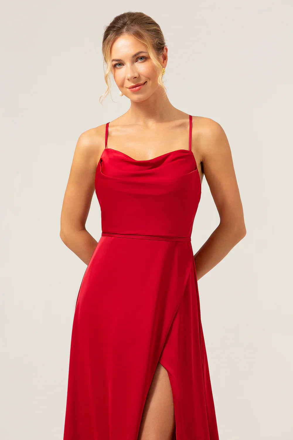 Burgundy A Line Cowl Neck Long Satin Bridesmaid Dress with Slit