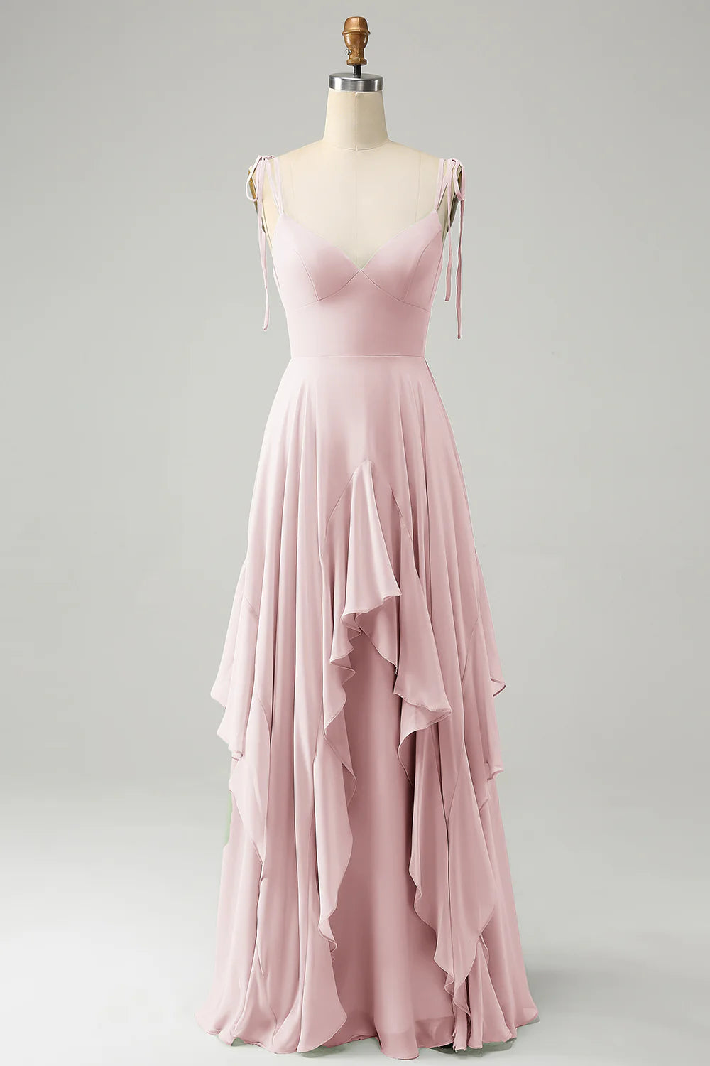 A Line Spaghetti Straps Chiffon Long Eucalyptus Bridesmaid Dress with Ruffles