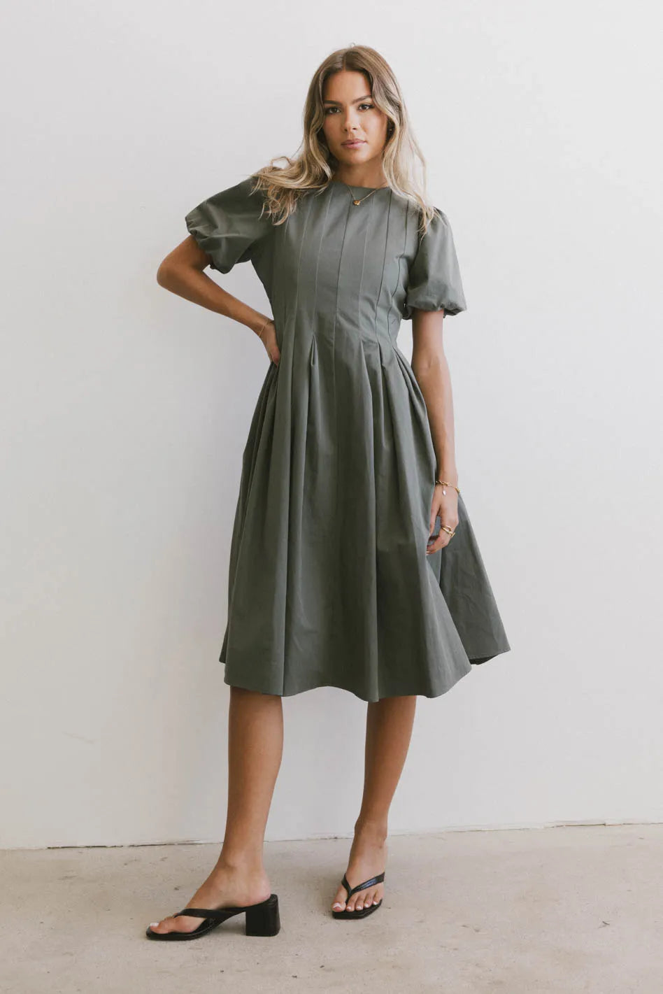 Eliana Pleated Midi Dress in Sage FINAL SALE