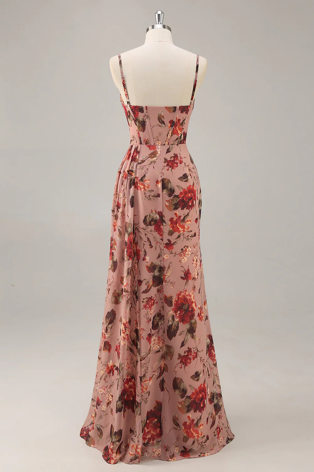 Dusty Rose Flower Spaghetti Straps Corset Ruched Long Bridesmaid Dress with Slit
