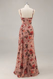 Dusty Rose Flower Spaghetti Straps Corset Ruched Long Bridesmaid Dress with Slit