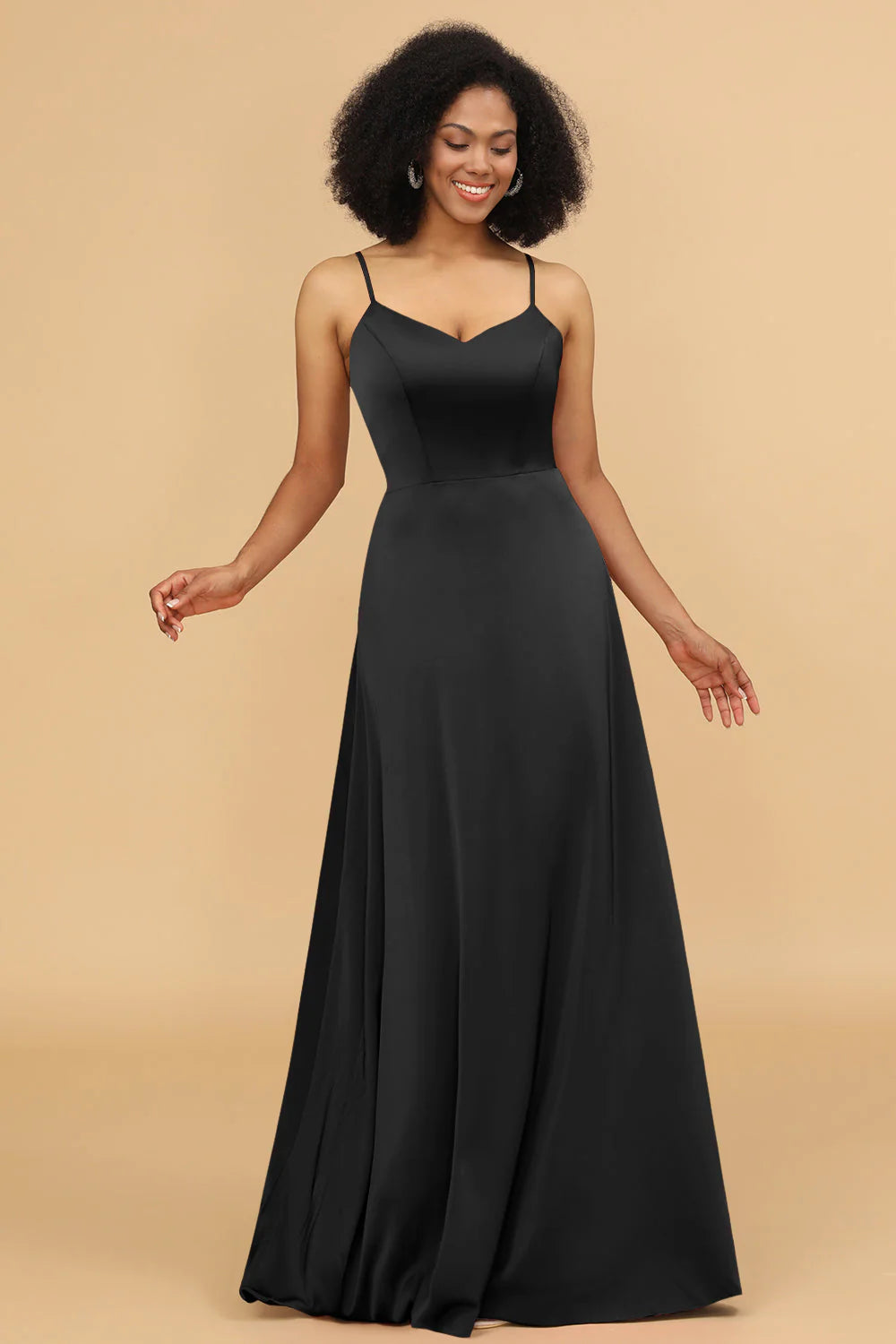 A Line Spaghetti Straps Floor Length Satin Bridesmaid Dress