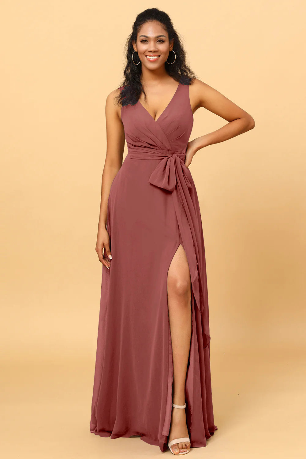 A Line V Neck Sleeveless Long Chiffon Bridesmaid Dress with Slit