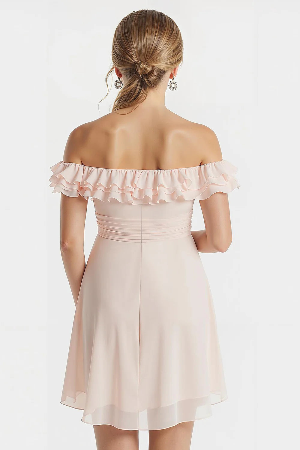 Off The Shoulder Blush Pink A Line Short Junior Bridesmaid Dress with Ruffles