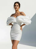 Sheath Glitter Short Off the Shoulder Wedding Dress With Lace Up Back