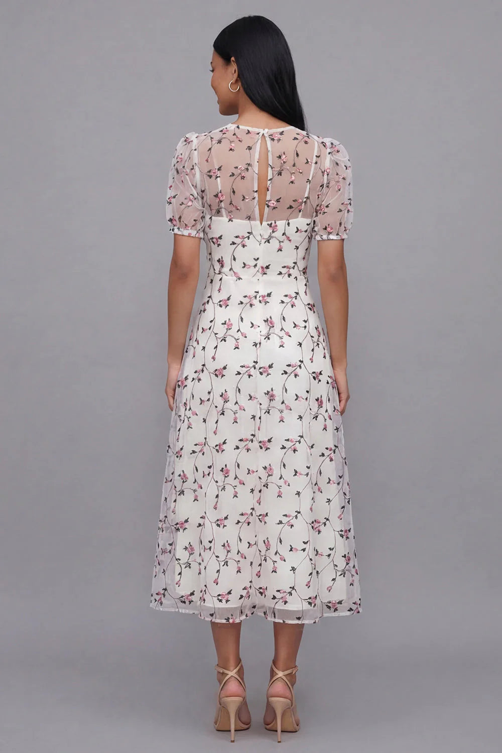 White Floral A Line Midi Wedding Guest Dress with Short Sleeves