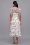 White Floral A Line Midi Wedding Guest Dress with Short Sleeves