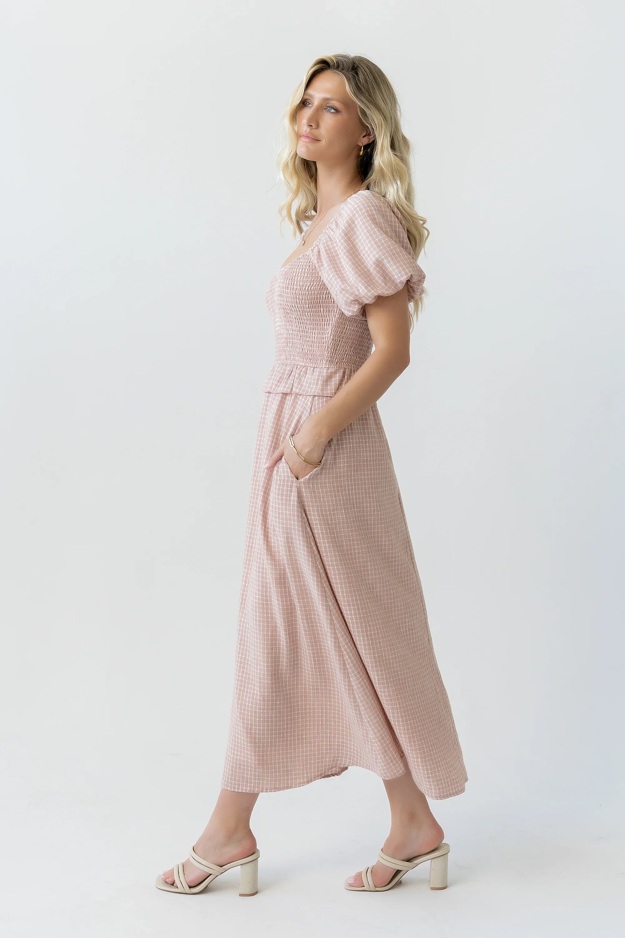 Renley Plaid Midi Dress in Clay