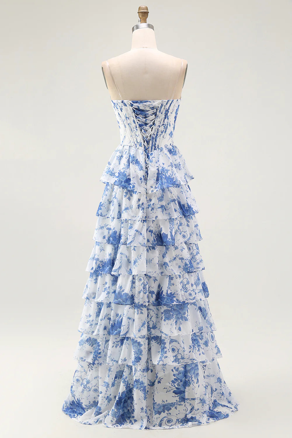 Strapless White Blue Flower A Line Tiered Corset Long Prom Dress with Slit