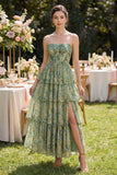 A Line Strapless Dusty Green Floral Wedding Guest Dress with Slit