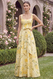 Yellow A Line Floral Bridesmaid Dress with Bow