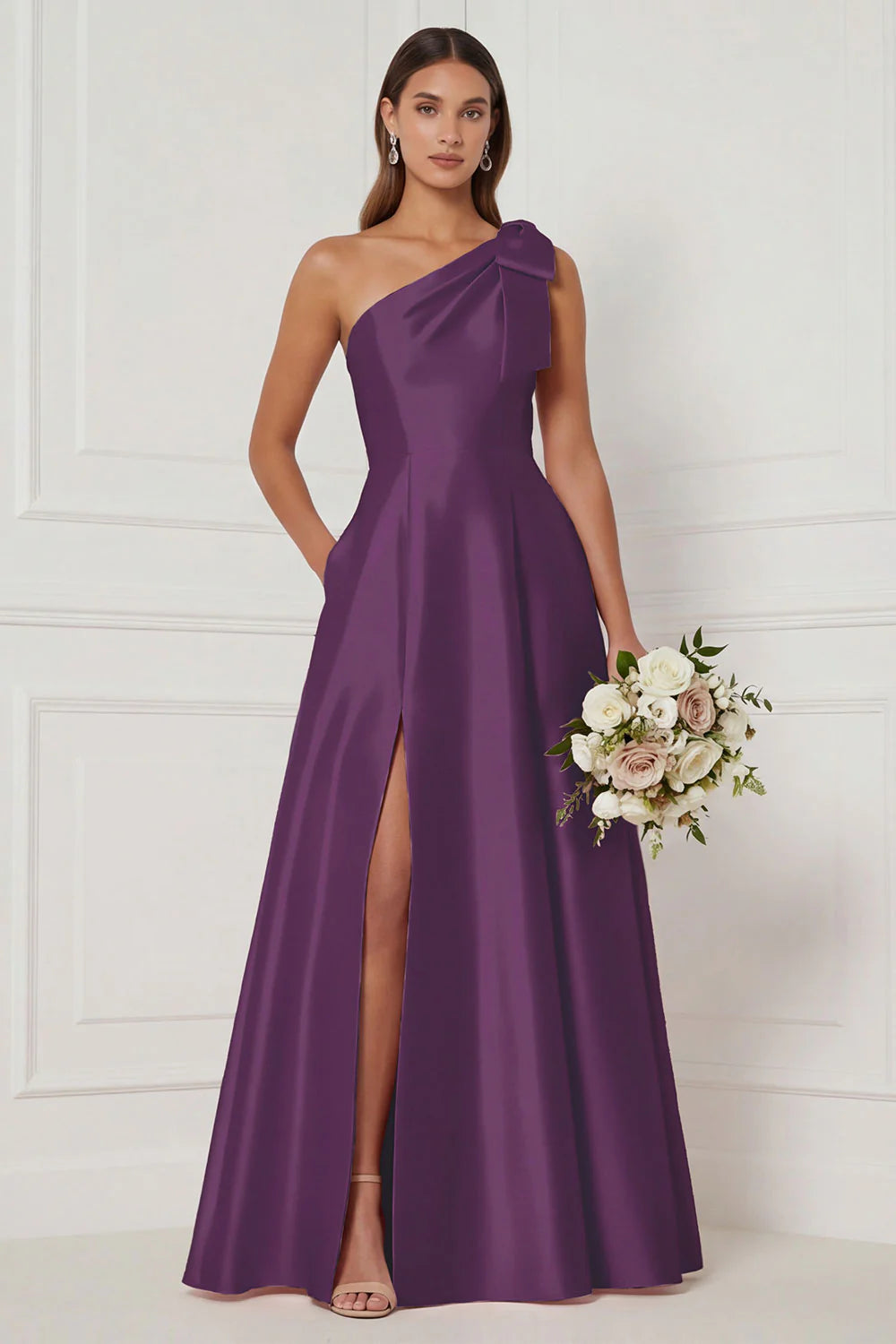 One Shoulder A Line Satin Pink Bridesmaid Dress with Slit