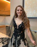 A Line V Neck Open Back Court Train Black Wedding Dress With Veil