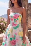 Strapless A Line Daffodil Pink Flower Maxi Dress