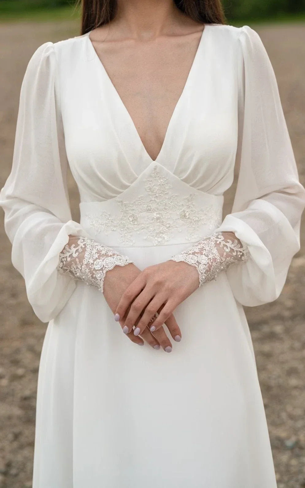 A Line Floor Chiffon Long Sleeve Wedding Dress with Sequins and Train