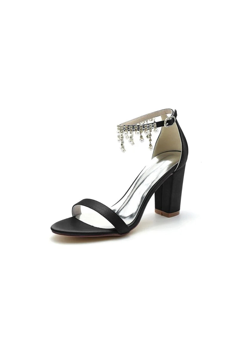 Open Toe Block Heels with Rhinestone Tassel