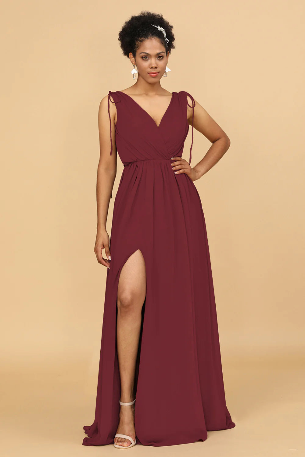 A Line Ruched V Neck Sleeveless Chiffon Bridesmaid Dress with Slit