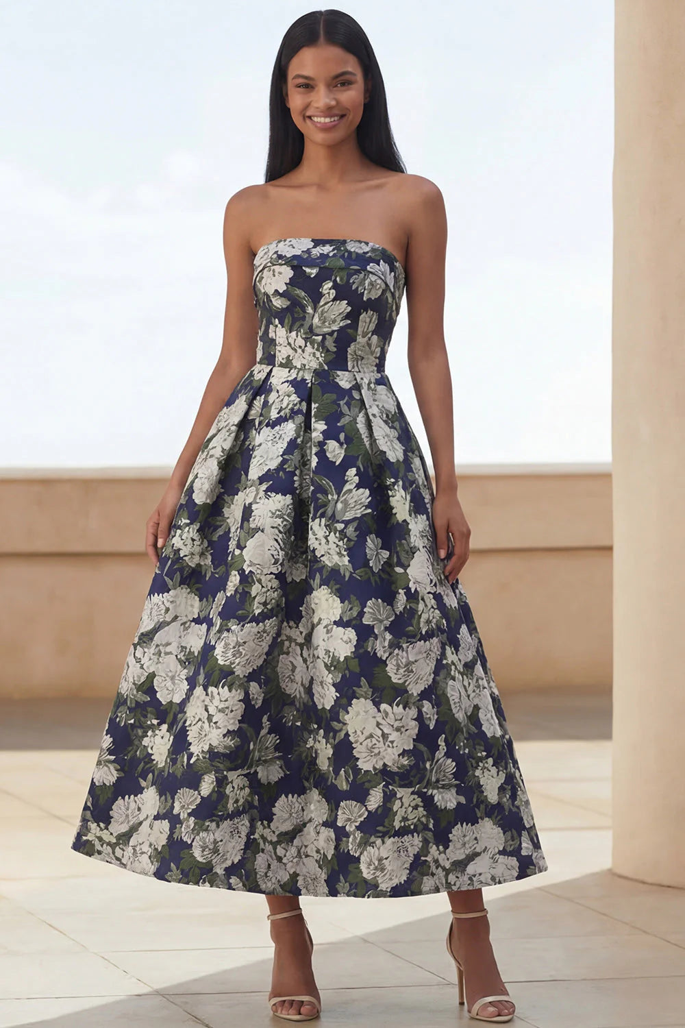 Floral Blue Strapless A Line Wedding Guest Dress
