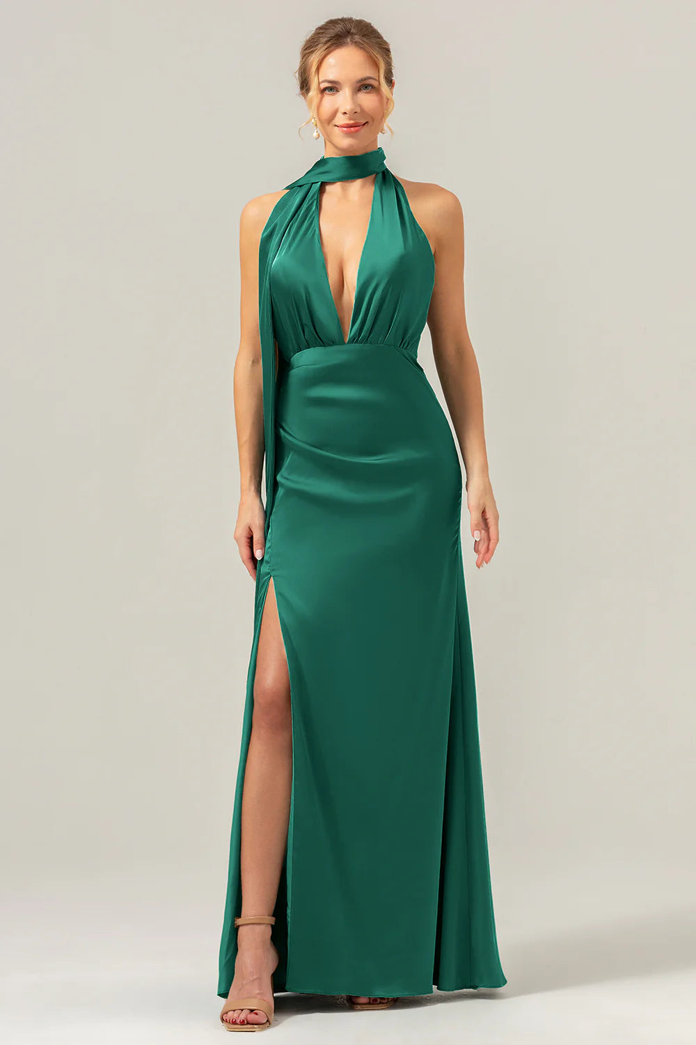 Peacock Sheath Deep V Neck Open Back Convertible Long Satin Bridesmaid Dress with Streamer