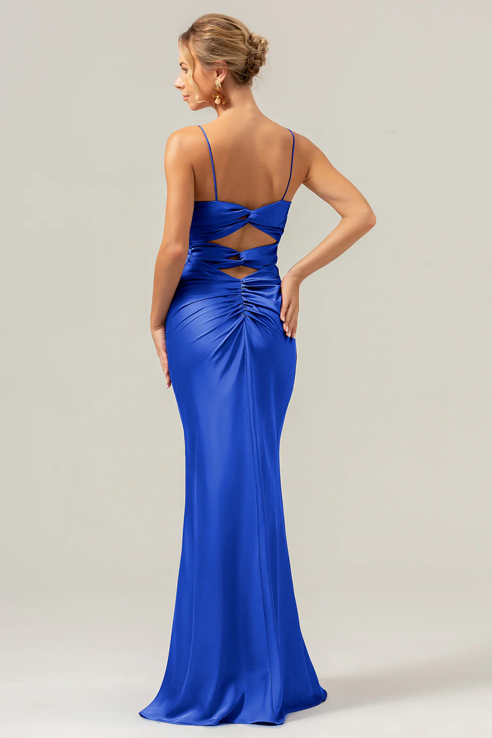 Purple Mermaid Spaghetti Straps Front Pleated Long Bridesmaid Dress
