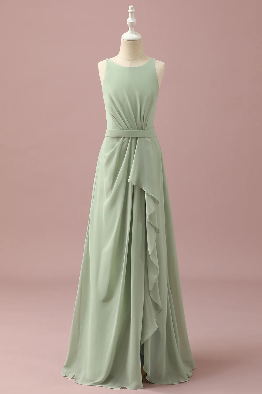 Dusty Sage Round Neck Chiffon Junior Bridesmaid Dress With Cascading Ruffles