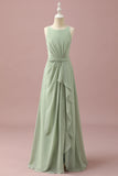 Dusty Sage Round Neck Chiffon Junior Bridesmaid Dress With Cascading Ruffles