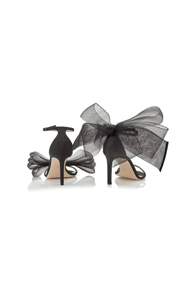 Asymmetric Bow Embellished Satin High Heel Sandals
