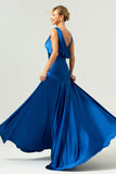 A Line V Neck Satin Ruched Long Ink Blue Bridesmaid Dress with Slit