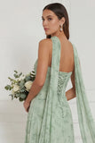 Strapless Floral Dusty Sage Bridesmaid Dress with Scarf