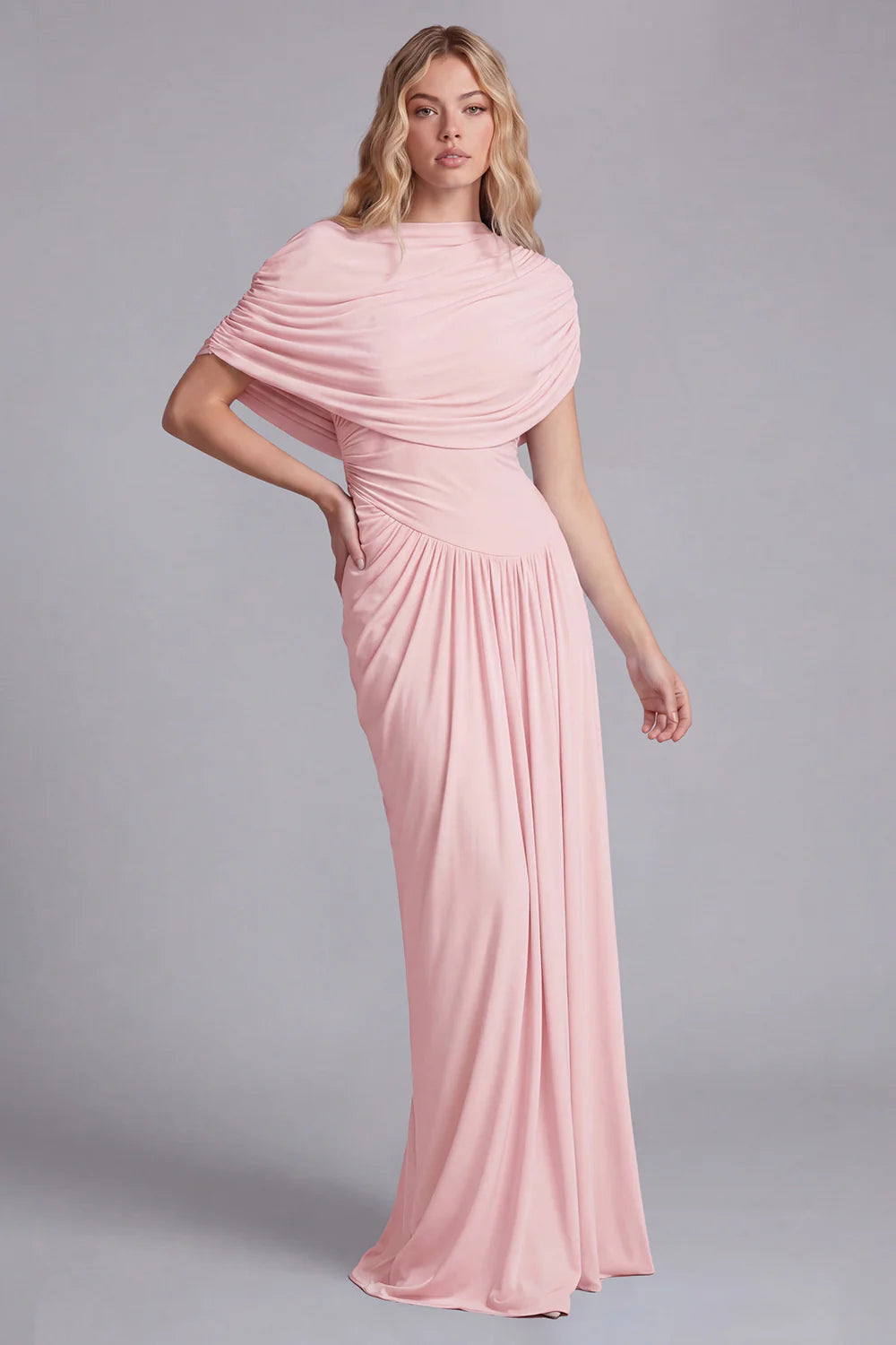Sky Blue Mermaid Ruched Maxi Dress with Cape Sleeves