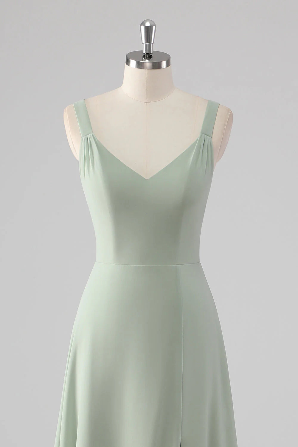 Sage Green Chiffon V Neck A Line Long Bridesmaid Dress with Slit