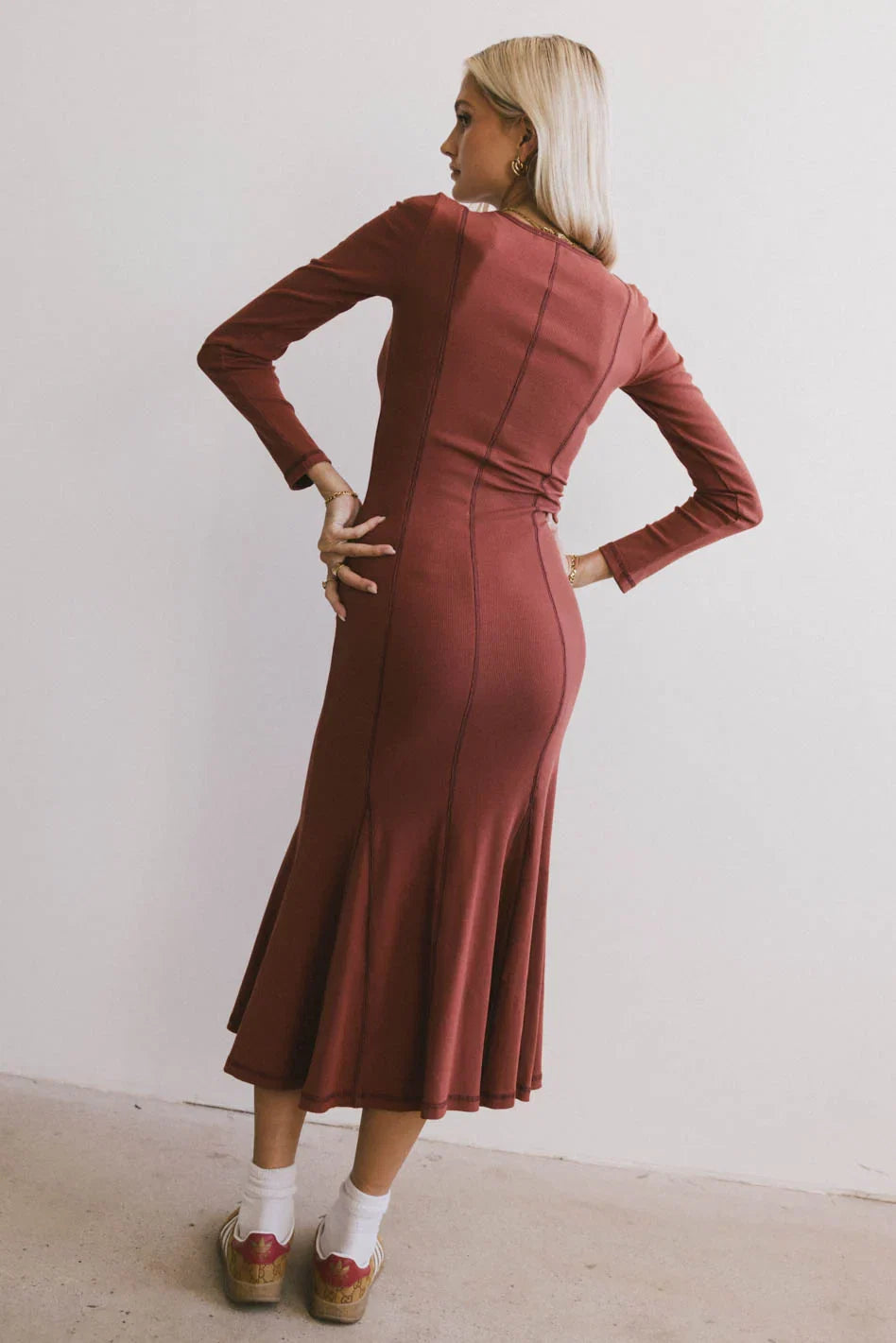 Fiona Ribbed Godet Dress in Rust FINAL SALE