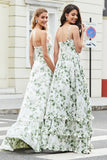Green A Line Spaghetti Straps Printed Bridesmaid Dress With Slit