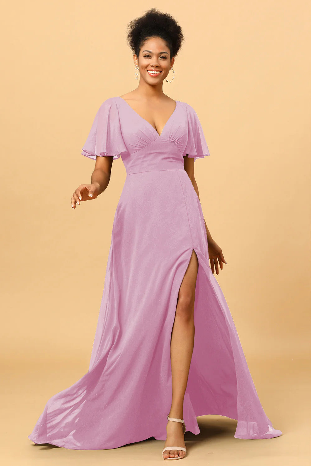 A Line V Neck Long Chiffon Bridesmaid Dress with Slit