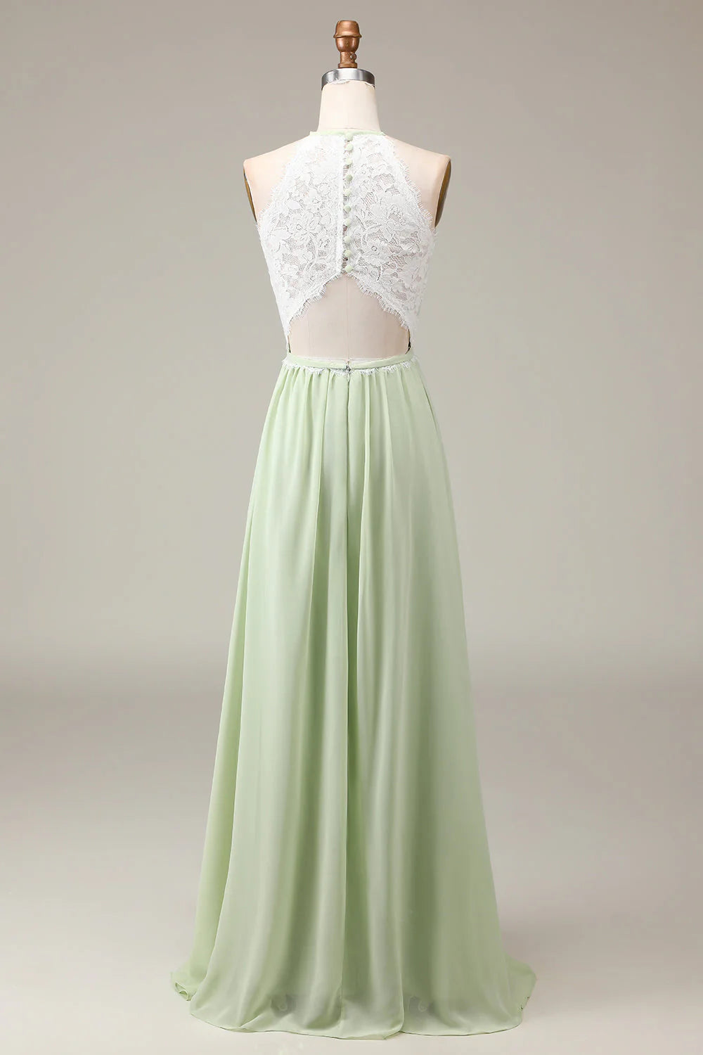 Dusty Sage A Line Halter Neck Lace and Chiffon Floor Length Bridesmaid Dress