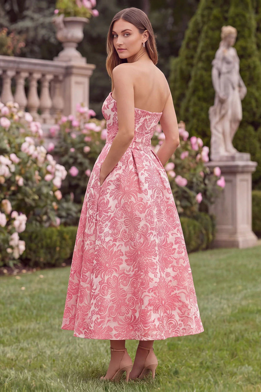 Strapless A Line Pink Floral Jacquard Wedding Guest Dress with Pockets
