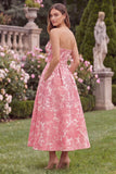 Strapless A Line Pink Floral Jacquard Wedding Guest Dress with Pockets