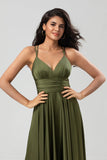 A Line Spaghetti Straps Satin Floor Length Dress