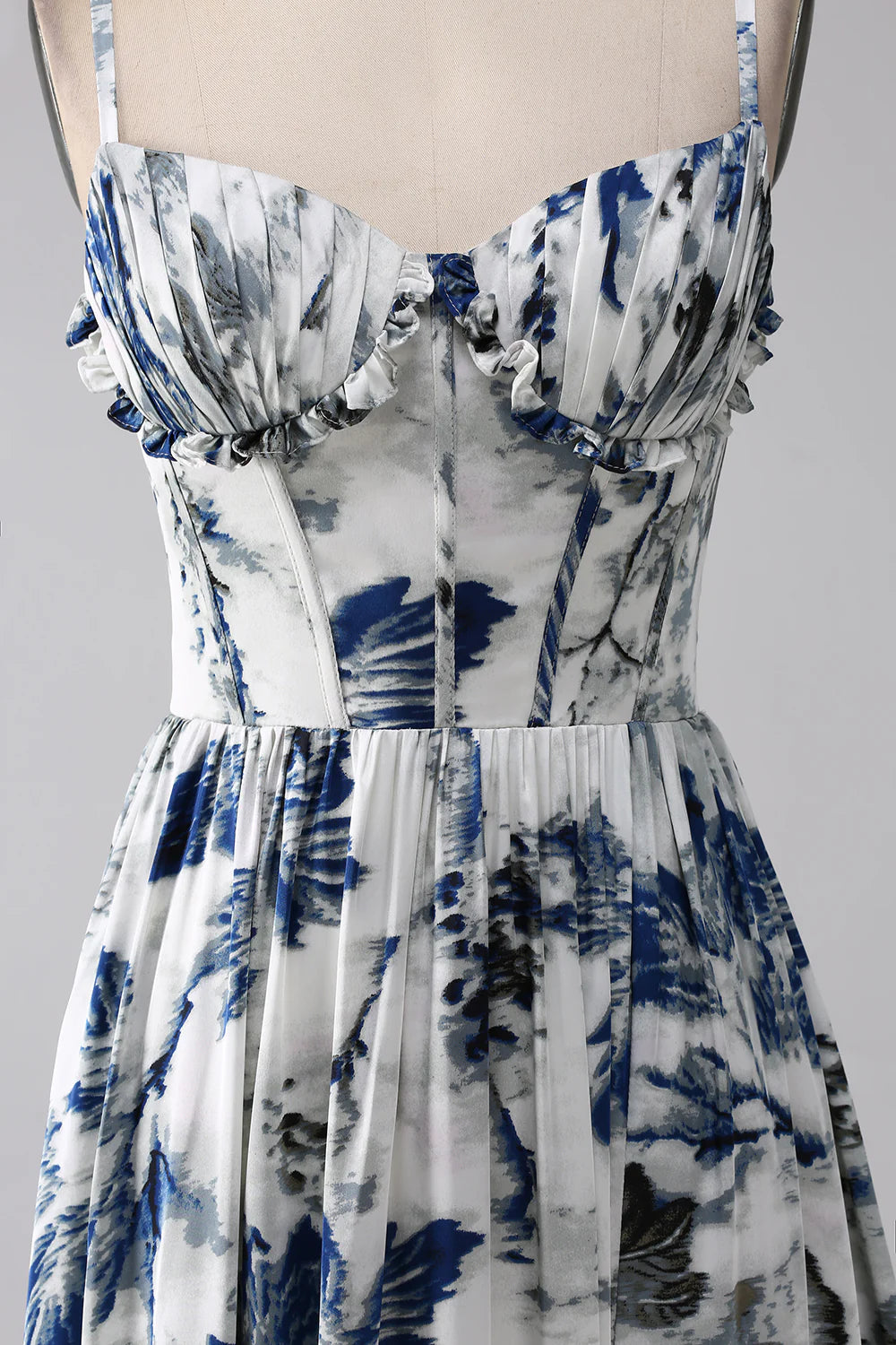 Blue A Line Spaghetti Straps Pleated Printed Long Bridesmaid Dress With Slit