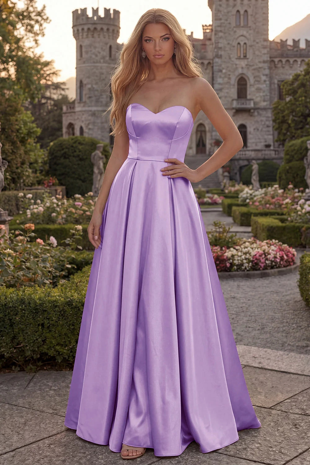 Fuchsia Strapless A Line Satin Maxi Prom Dress