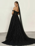A Line Black Gothic Wedding Dresses with Sequin Lace Appliques