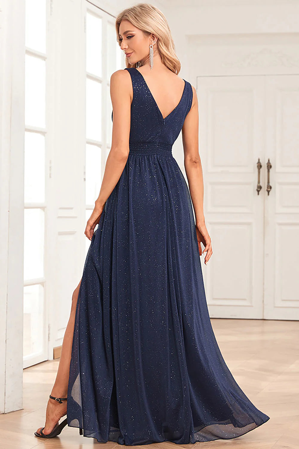 Dark Green A Line Sparkly V Neck Pleated Prom Dress with Slit