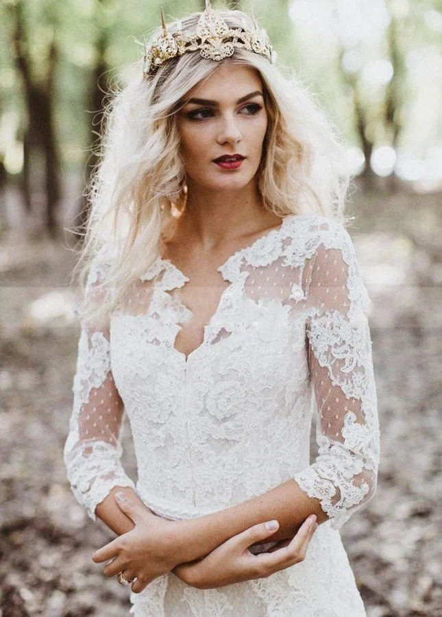 Tulle A Line Lace Appliques 3 4 Sleeve V Neck Romantic Bridal Wedding Gowns