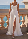 A Line Square Neckline Sleeveless Chiffon Wedding Dresses With High Split